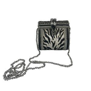 MARY FRANCES Beaded Handbag Safari Crossbody Black & White Zebra Chain Strap VTG